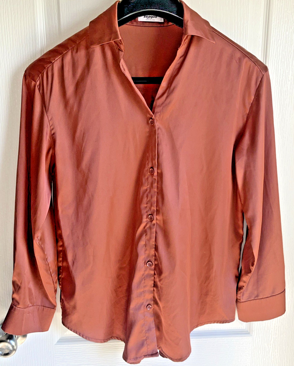 Shirt Blouse W S Long Sleeve Button-Up Coral Rose Rust, Sm Zeagoo Used